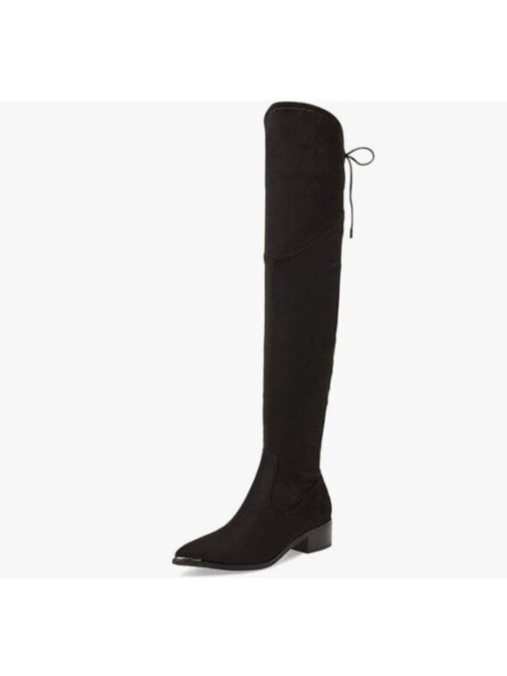 XYD Black Pointed Toe Block Low Heel Tie Back Lace Zipper Over The Knee Boot